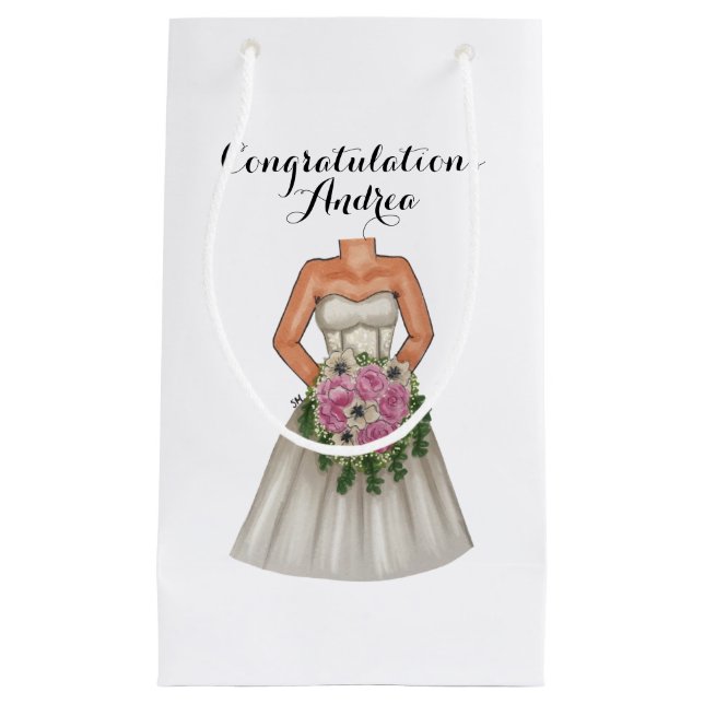 Wedding Bride with Pink Bouquet Flowers Small Gift Bag (Front)
