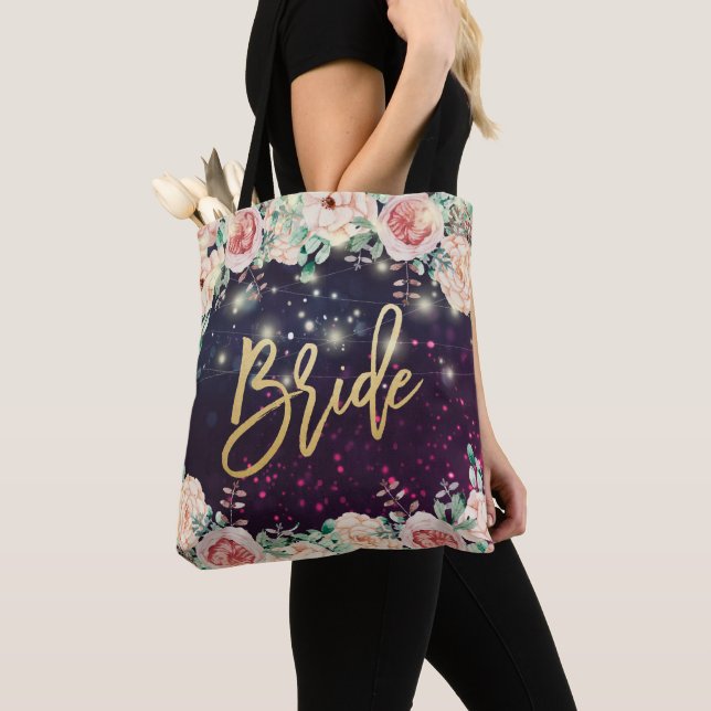 Wedding Brides Burgundy Chic Floral Purple Sparkle Tote Bag (Close Up)