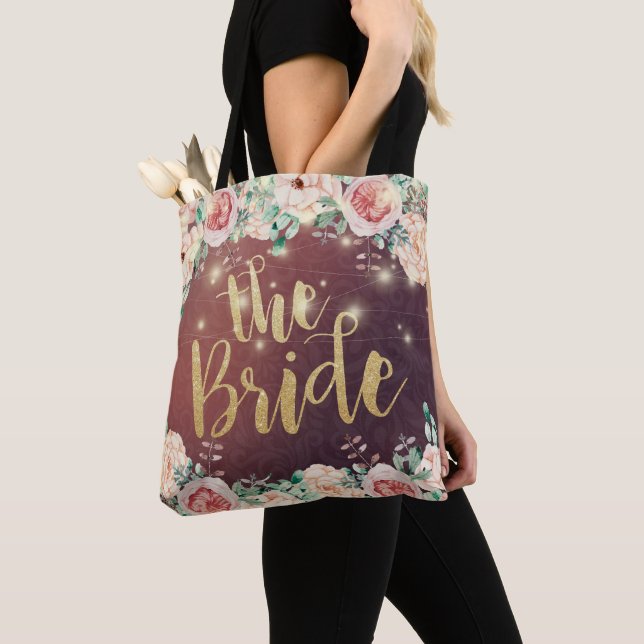 Wedding Brides Burgundy Chic Floral String Lights Tote Bag (Close Up)