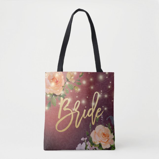 Wedding Brides Burgundy Chic Floral String Lights Tote Bag (Front)