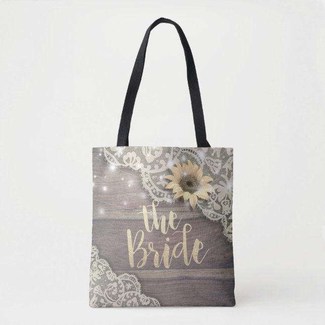 Wedding Brides Lace Sunflower Rustic Wood Lights Tote Bag (Front)