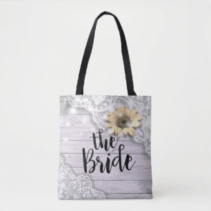 Wedding Brides Lace Sunflower Rustic Wood Lights Tote Bag