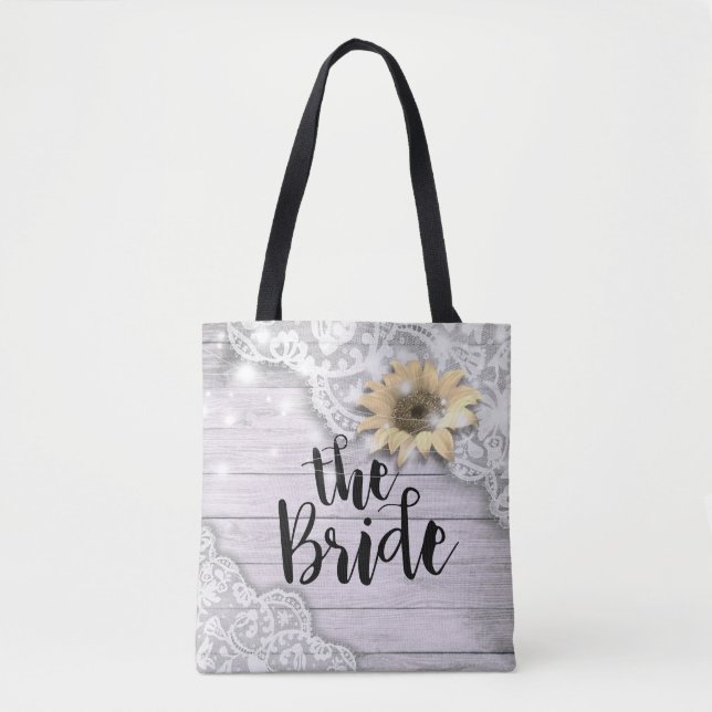 Wedding Brides Lace Sunflower Rustic Wood Lights Tote Bag (Front)