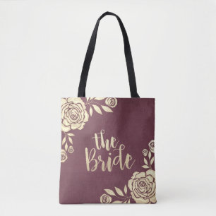 Wedding Brides Modern Chic Gold Roses Burgundy Red Tote Bag
