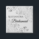 Wedding Bridesmaid Name Tag Fancy Silver Filigree 15 Cm Square Badge<br><div class="desc">Identify the key players at your bridal shower, wedding or rehearsal dinner with our elegant, Silver faux foil buttons. Designed to coordinate with our Silver Foil Wedding Suite, this button features a Silver faux foil flourish on a white background with black text reading Bridesmaid and a place to enter her...</div>