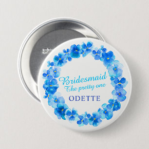 Wedding bridesmaid pansy blue flower custom name 7.5 cm round badge