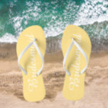 Wedding Bridesmaid Trendy Butter Yellow Flip Flops<br><div class="desc">Gift your wedding bridesmaids with these stylish bridesmaid flip flops that are a trendy,  butter yellow colour along with white,  stylised script to complement your similar wedding colour scheme. Select foot size along with other options. You may customise your flip flops to change colour to your desire.</div>