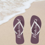 Wedding Bridesmaid Trendy Eggplant Flip Flops<br><div class="desc">Gift your wedding bridesmaids with these stylish bridesmaid flip flops that are a trendy,  eggplant colour along with white,  stylised script to complement your similar wedding colour scheme. Select foot size along with other options. You may customise your flip flops to change colour to your desire.</div>