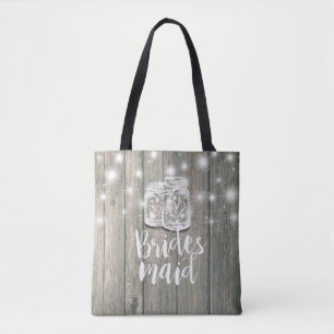 Wedding Bridesmaid Wood Mason Jars & String Lights Tote Bag