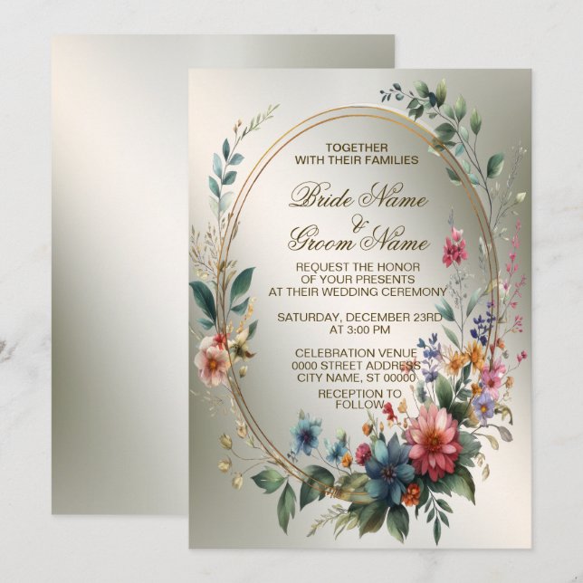 Wedding Bronze Colourful Flowers Golden Frame Part Invitation (Front/Back)