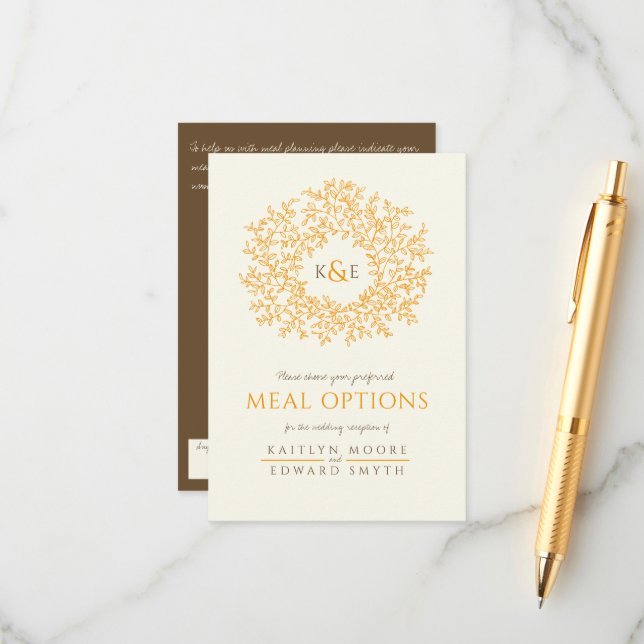 Wedding brown orange leaf monogram meal options enclosure card (Front/Back In Situ)