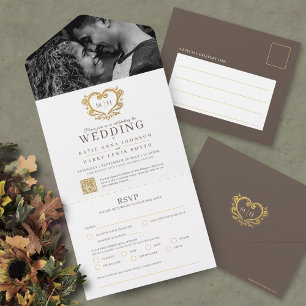 Wedding brown white decorative gold heart monogram all in one invitation