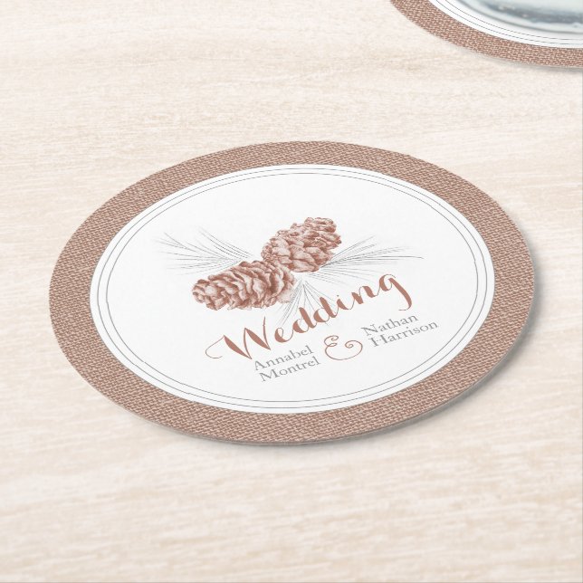 Wedding brown winter pine cone paper coasters (Angled)