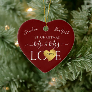 Wedding Burgandy Red Heart christmas Name Mr  Mrs Ceramic Tree Decoration
