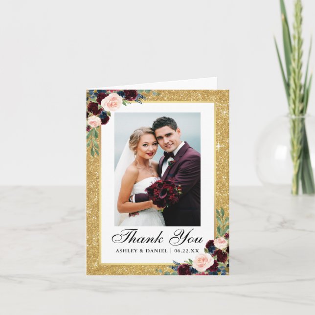 Wedding Burgundy Blue Floral Gold Glitter Note Thank You Card (Front)