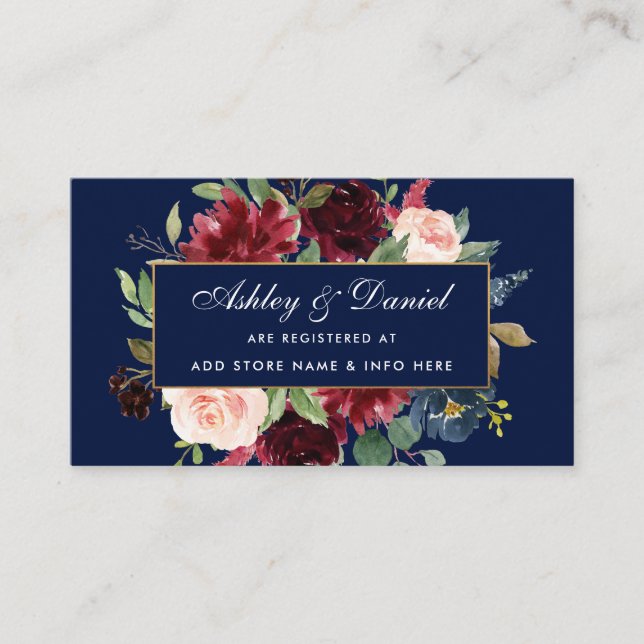 Wedding Burgundy Blue Floral Registry Insert Card (Front)