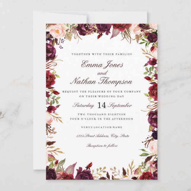 Wedding Burgundy Blush Floral Watercolor Invitation (Front)