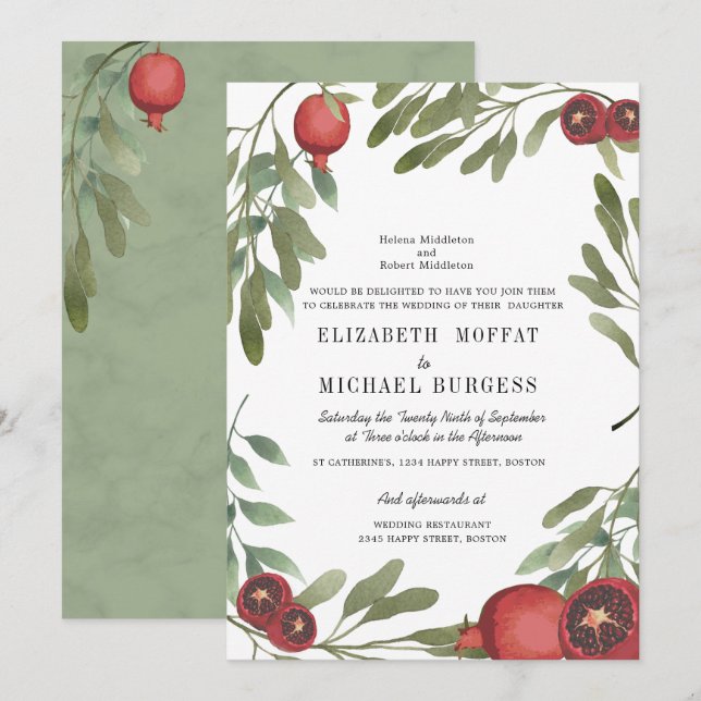 Wedding Burgundy Botanical  Marble Boho Greenery Invitation (Front/Back)