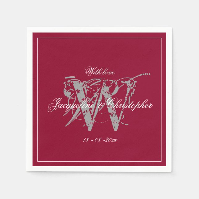 Wedding Burgundy Elegant Monogram Names Chic Napkin (Front)
