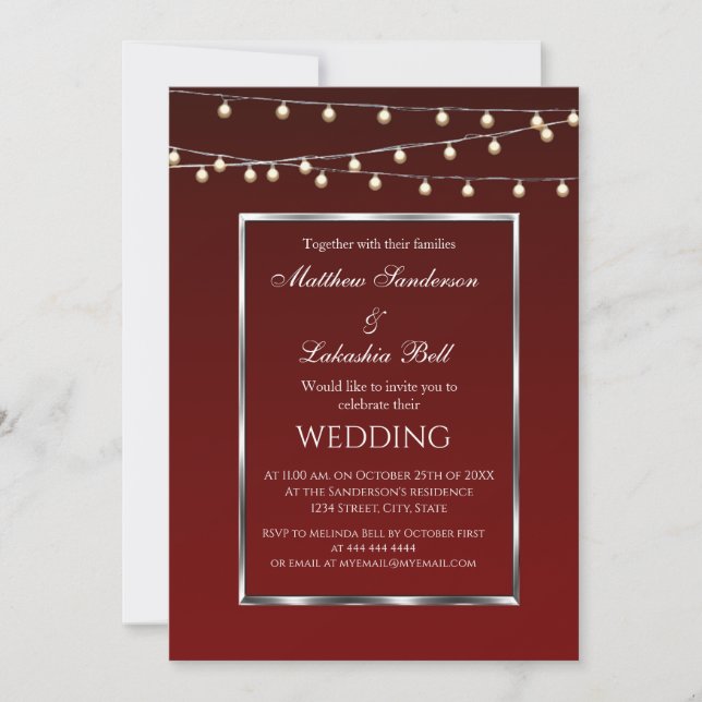 Wedding Burgundy Fairy Lights Invitation (Front)