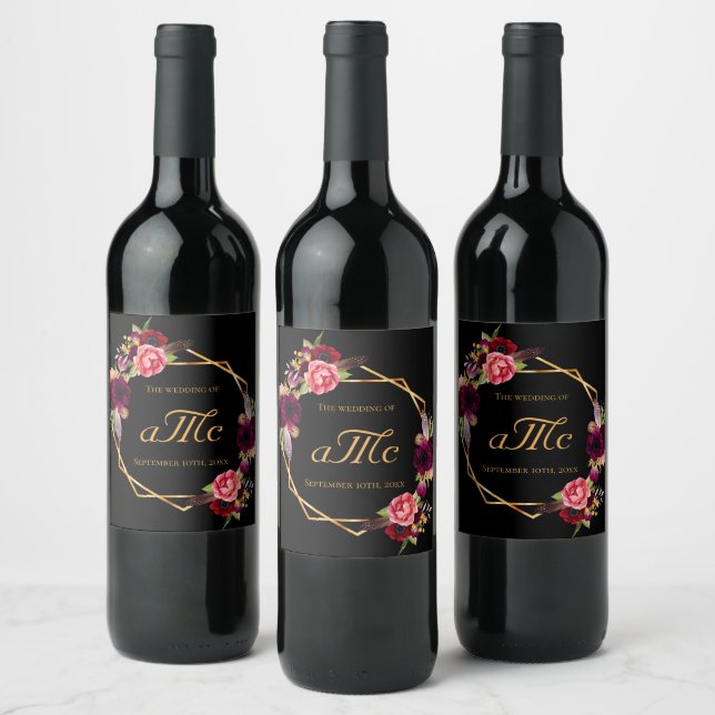 Wedding burgundy floral black monogram initials wine label (Bottles)