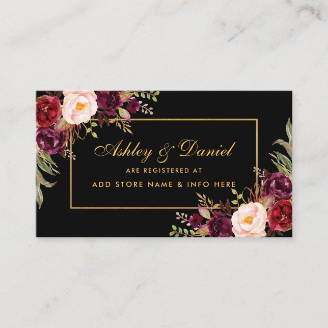 Wedding Burgundy Floral Black Registry Insert Card (Front)