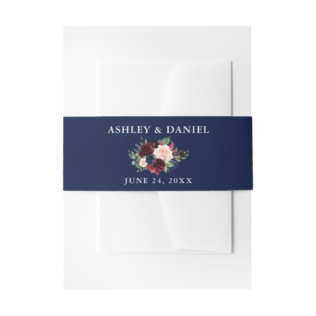 Wedding Burgundy Floral Blue Invitation Belly Band (Front Example)