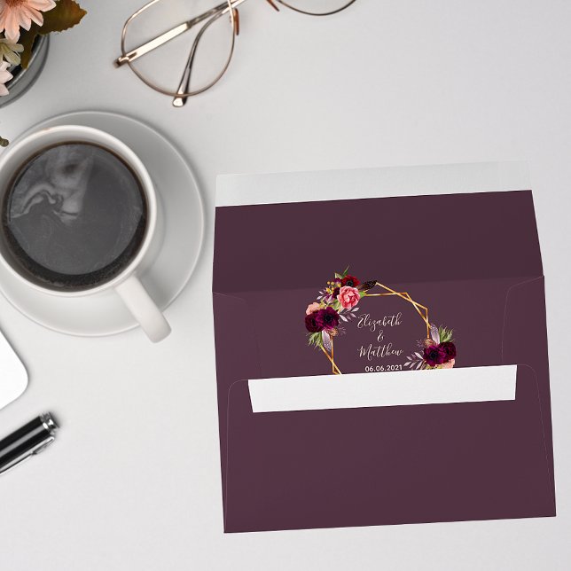 Wedding burgundy floral geometric gold cassis envelope (Creator Uploaded)