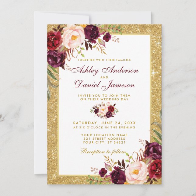 Wedding Burgundy Floral Gold Glitter Invitation (Front)