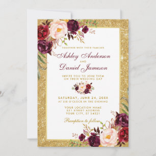 Wedding Burgundy Floral Gold Glitter Invitation