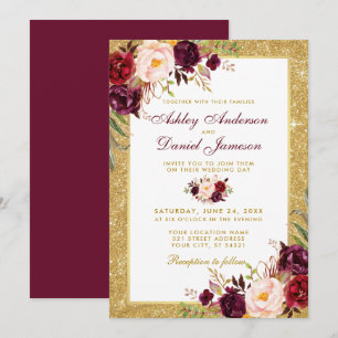 Wedding Burgundy Floral Gold Glitter Invitation B