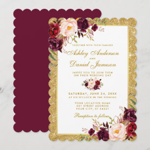 Wedding Burgundy Floral Gold Glitter Invitation SG