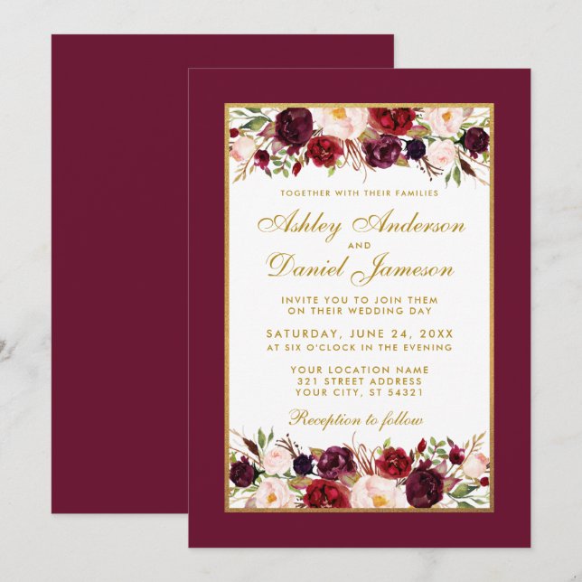 Wedding Burgundy Floral Gold White Elegant Invitation (Front/Back)