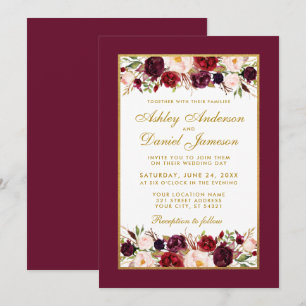 Wedding Burgundy Floral Gold White Elegant Invitation