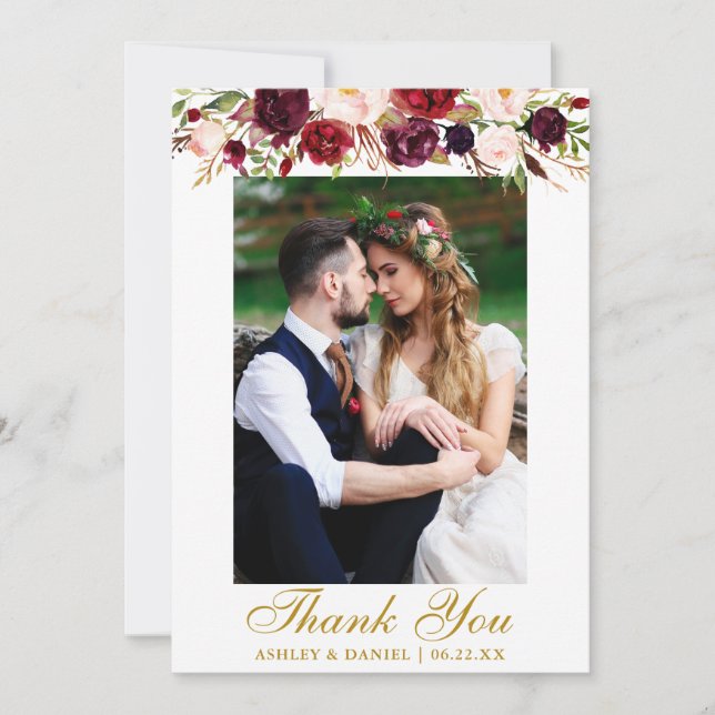 Wedding Burgundy Floral Photo Gold Thank You Card (Front)