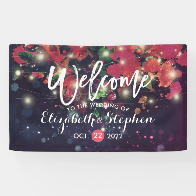 Wedding Burgundy Floral Purple String Light Script Banner (Horizontal)