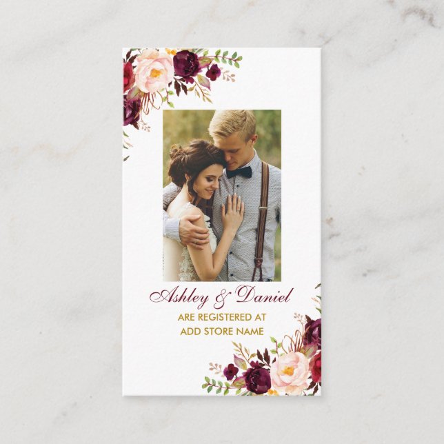Wedding Burgundy Floral Registry Insert Photo Card (Front)
