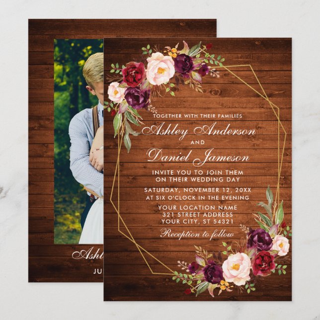 Wedding Burgundy Floral Wood Geometric Frame Photo Invitation (Front/Back)