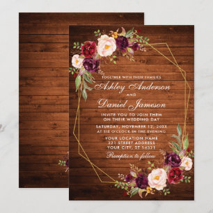 Wedding Burgundy Floral Wood Geometric Gold Frame Invitation