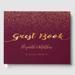 Wedding burgundy gold confetti script guest book