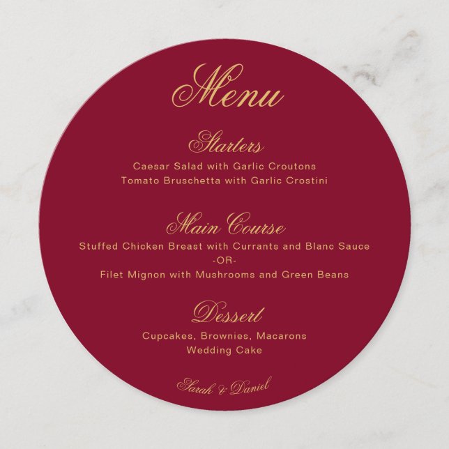 Wedding Burgundy Gold Simple Calligraphy Red Round Menu (Front)