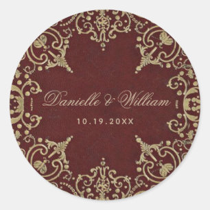 Wedding Burgundy Gold Vintage Elegant Calligraphy Classic Round Sticker