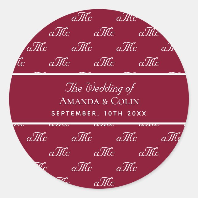 Wedding burgundy monogram couple initials elegant classic round sticker (Front)