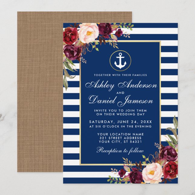 Wedding Burgundy Nautical Blue Stripes Invite B (Front/Back)