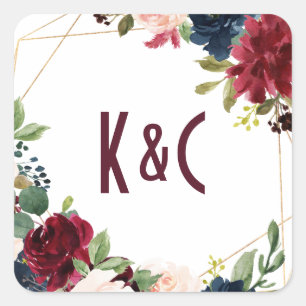 Wedding Burgundy & Navy Floral Geometric Square Sticker