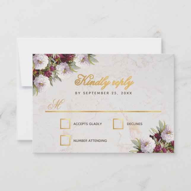 Wedding Burgundy Peonies Faux Gold Marble RSVP Card (Front)