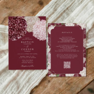Wedding Burgundy Red Hydrangea Floral All in One Invitation