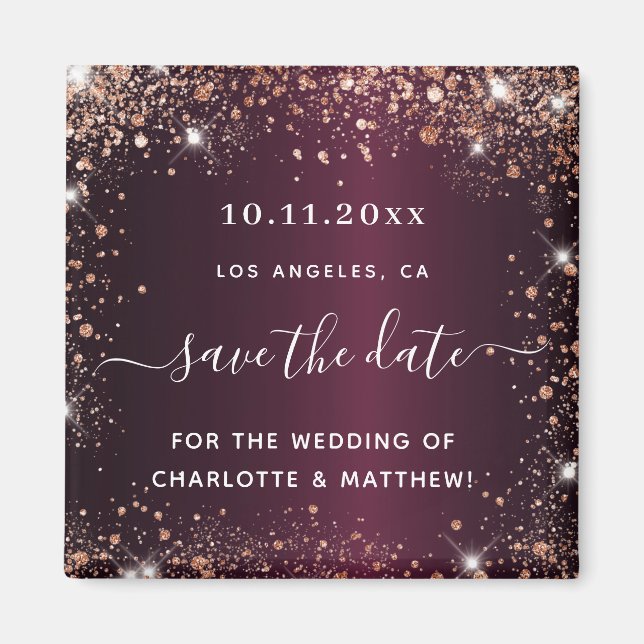 Wedding burgundy rose gold glitter save the date magnet (Front)