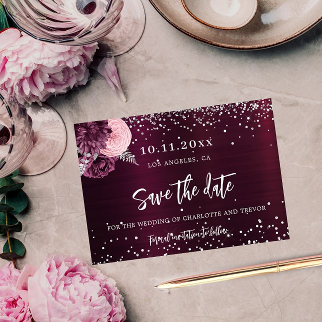 Wedding burgundy silver flowers elegant save the date (Creator Uploaded)