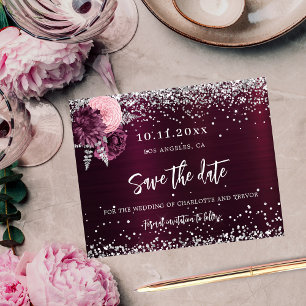 Wedding burgundy silver flowers save the date flyer